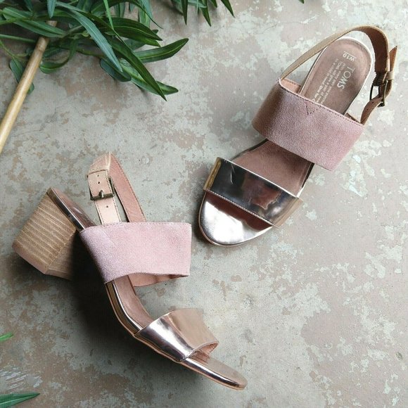 Toms Shoes - TOMS Poppy Metallic Sandals Size 10 Pink Rose Gold Strappy Block Heel Suede